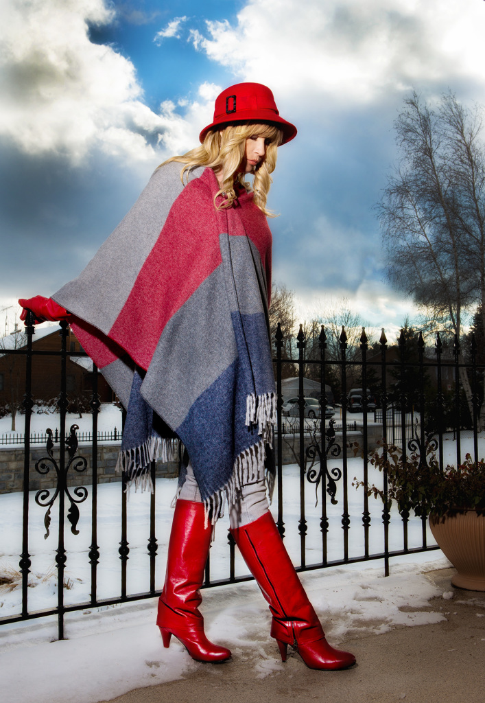 Banded Poncho with Red Cloche Hat and Red Rudsak Boots